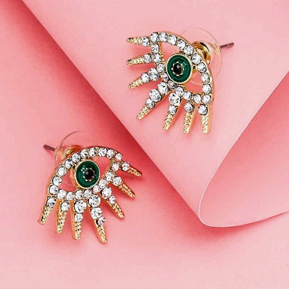2/$20! Gold Crystal Pave Evil Eye Stud Earrings - Picture 4 of 14